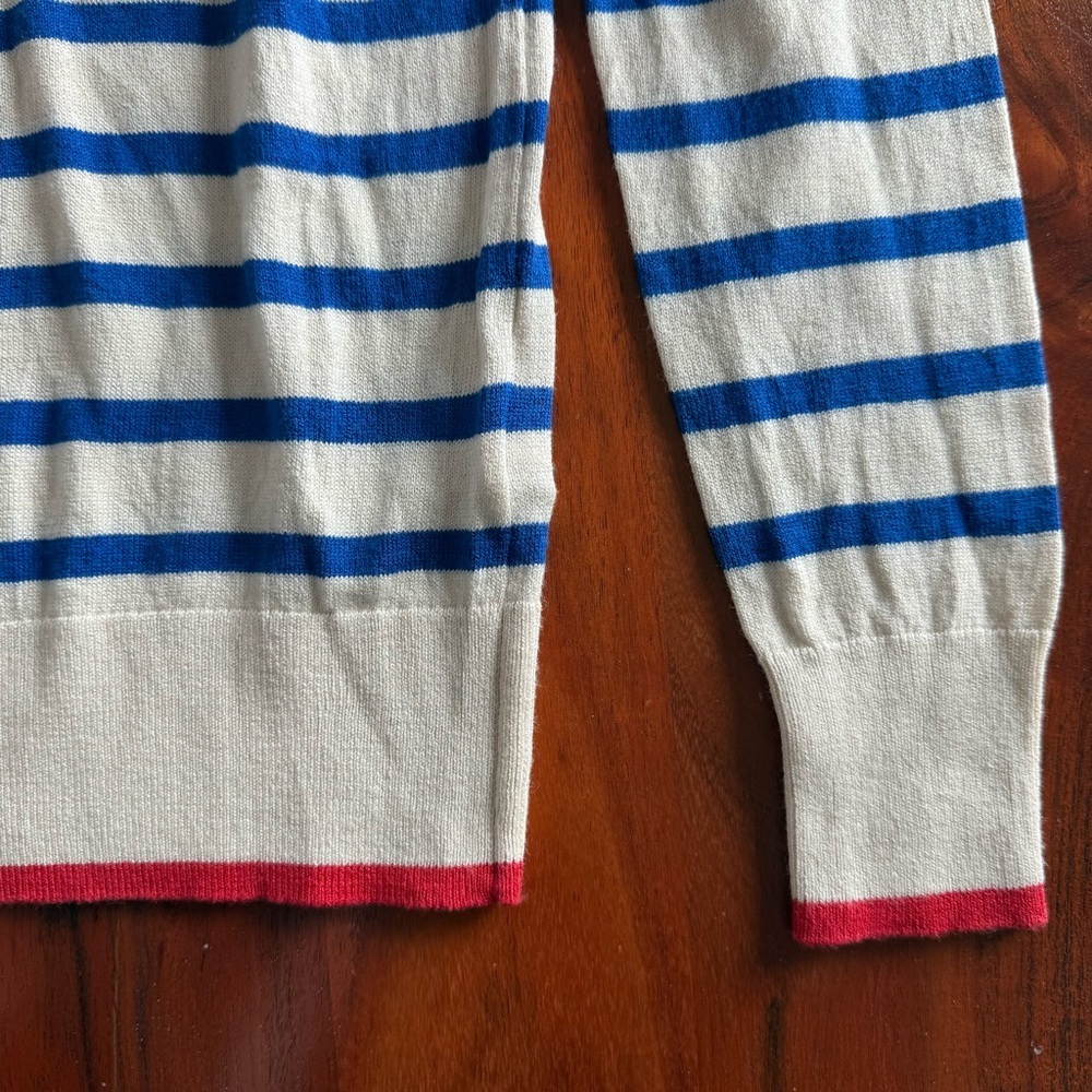 Banana Republic Blue and Cream Striped Crewneck Sweater with a Fun Pop of Red - Picture 3 of 8